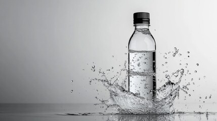 Poster - A clear water bottle splashes into water, creating dynamic ripples and an elegant visual effect against a simple background.