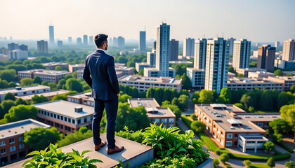 Wall Mural - Sustainability Hero - A businessperson standing on a rooftop garden overlooking a green city. background copyspace