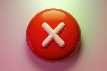 Poster - A red glossy button with a prominent white 'X' signifying cancel  error  or no.