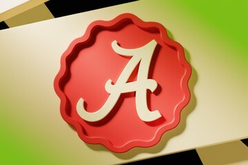 Poster - A stylized letter A in a red  scalloped frame; a logo design.