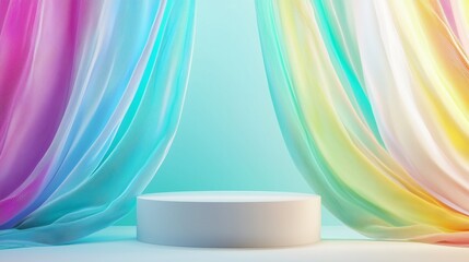 Poster - Stylish 3D Podium Surrounded by Colorful Drapes in Serene Empty Space