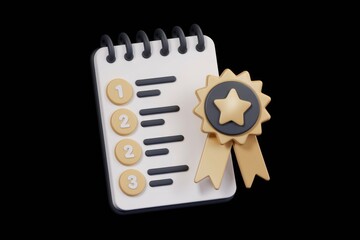 Aufkleber - A 3D rendered notepad with numbered points and a gold medal  signifying achievement and ranking.