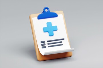 Poster - A 3D rendering of a medical clipboard with a plus sign and a list  symbolizing healthcare records.
