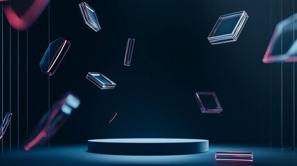 Poster - Modern 3D Podium in Empty Space Surrounded by Floating Geometric Shapes
