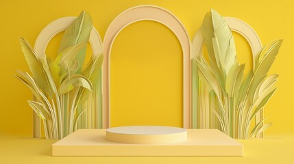 Poster - Elegant 3D Podium Surrounded by Minimalist Greenery on Yellow Background