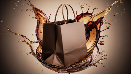 shopping luxury bag with splash of color mocha mosse 17-1230 over beige background