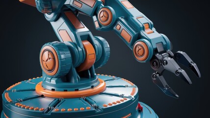Poster - A close up view of a teal and orange robotic arm with a three fingered claw.