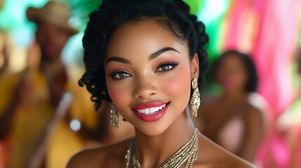 Naklejka na meble Smiling woman with elegant jewelry, vibrant colors in background, showcasing beauty and joy.