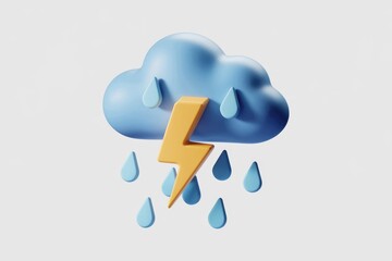 Poster - 3D render of a blue cloud with lightning and rain drops  symbolizing a thunderstorm.