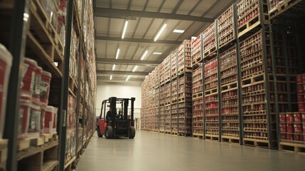 Poster - Warehouse forklift operation industrial facility action scene organized environment wide angle view logistical efficiency