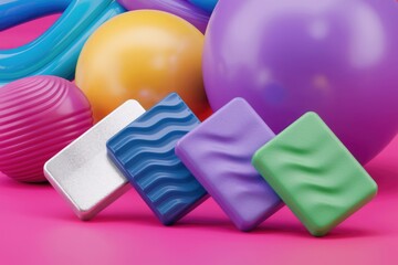 Aufkleber - Colorful 3D rendered abstract shapes with textured surfaces and vibrant hues on a pink background.