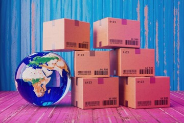 Poster - Global e commerce symbolized by stacked cardboard boxes on globe.
