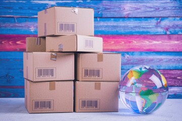 Poster - Global shipping and e commerce represented by barcode boxes and globe.