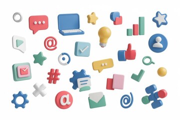 Poster - Colorful 3D icons representing social media  communication  and online collaboration.