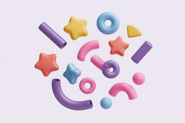 Aufkleber - Colorful 3D shapes  stars  circles  and tubes float playfully against a white backdrop.