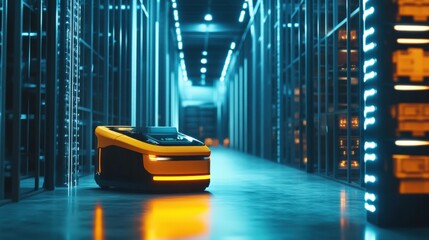 Poster - Autonomous delivery robot navigating high-tech warehouse industrial setting futuristic environment close-up perspective