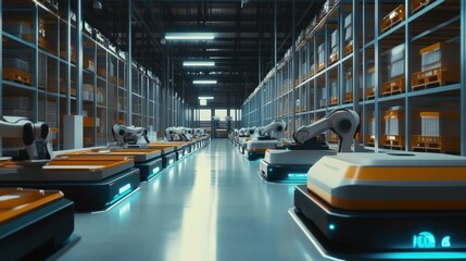 Poster - a futuristic warehouse filled with robotic arms and automated vehicles, showcasing advanced technolo