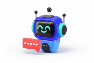 Leinwandbilder - Friendly blue robot with antennas communicates via speech bubble.
