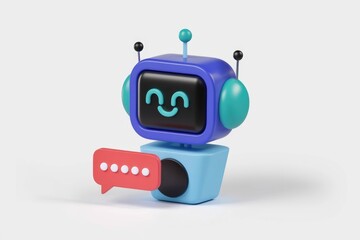 Aufkleber - A friendly 3D rendered robot displays a happy face and a speech bubble  indicating communication.
