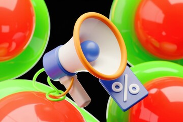 Poster - 3D rendered image of a megaphone announcing a percentage discount surrounded by colorful spheres.