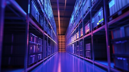 Poster - A dimly lit data storage facility featuring rows of shelves filled with boxes, highlighted by a vibrant purple and blue glow.