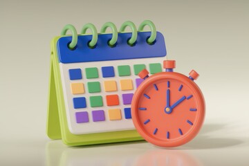 Fototapete - Colorful calendar and stopwatch symbolize time management and scheduling.