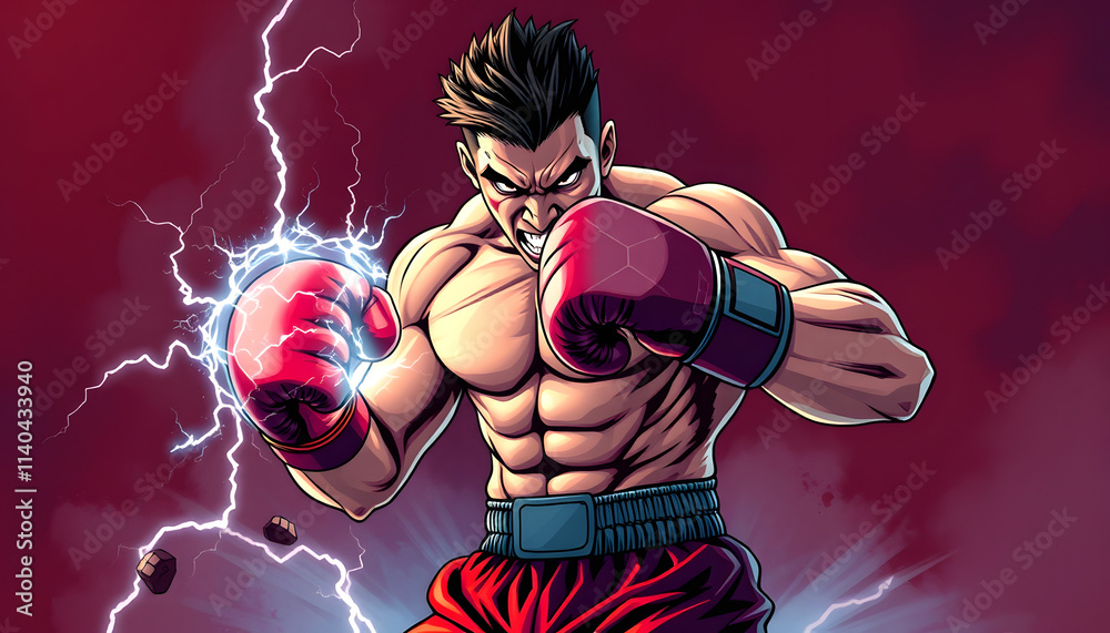 Angry fantasy athlete boxer illustration with lightning effect energy ...