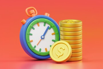 Aufkleber - A colorful stopwatch and a stack of gold coins represent the concept of time is money.
