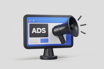 Aufkleber - Online advertising concept  A megaphone announces ads on a computer screen.