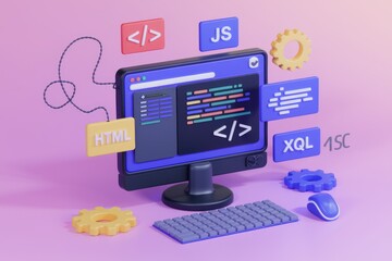 Aufkleber - 3D illustration of web development tools on computer screen