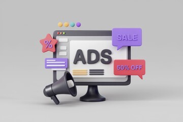 Aufkleber - 3D online advertising campaign with computer screen and sale promotion.