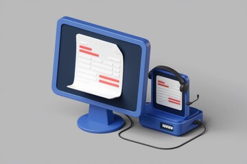 Poster - 3D illustration of computer and headset for online support.