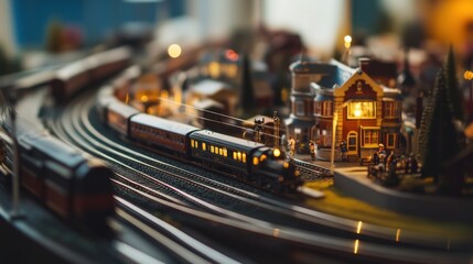 Wall Mural - A detailed model train setup in a cozy indoor setting, Miniature trains and tracks arranged with precision, Vintage hobbyist style