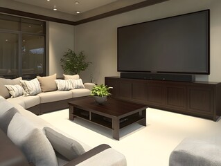 Wall Mural - Modern living room with a cozy sofa, coffee table, and large TV for entertainment.