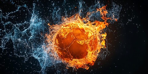 Soccer Ball with Fire and Water Effect on Black Background 