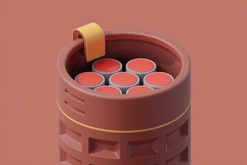 Poster - A cylindrical container with a yellow handle holds seven red cylindrical objects.