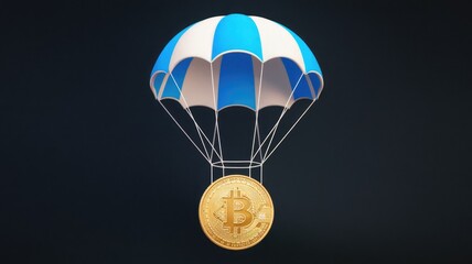 Poster - A golden Bitcoin coin descends under a blue and white parachute against a dark background.
