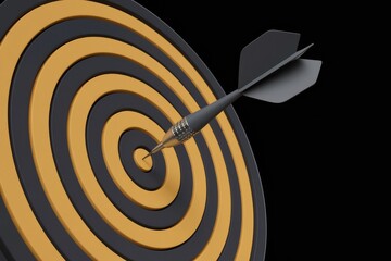 Poster - A dart hits the bullseye of a circular dartboard  symbolizing success and achieving goals.