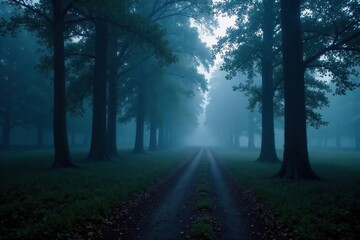 Foggy forest path with misty atmosphere and dark trees, mist, night