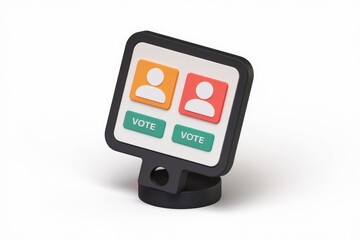 Aufkleber - A digital voting interface displays two candidate profiles with 'Vote' buttons.