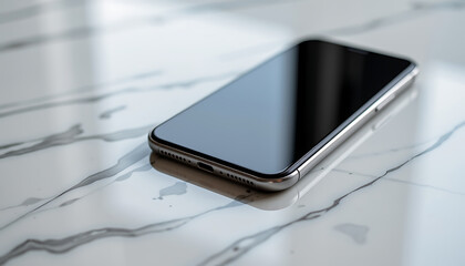 Wall Mural - Phone Background: A close-up of a modern smartphone with a sleek minimalist design set on a smooth marble surface showcasing its elegance. background copyspace