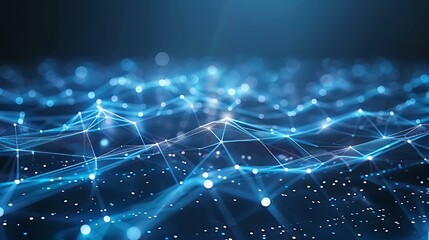 Poster - Abstract futuristic electronic circuit design with glowing blue and white lines on a dark background, creating a high-tech digital network vibe, with intricate geometric patterns and subtle