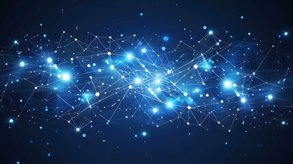 Poster - Abstract futuristic electronic circuit design with glowing blue and white lines on a dark background, creating a high-tech digital network vibe, with intricate geometric patterns and subtle