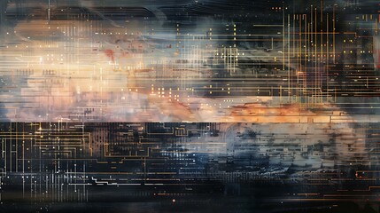 Poster - Futuristic digital circuitry artwork featuring layered translucent circuit patterns, glowing light trails, and a cool-toned metallic texture for a modern tech aesthetic