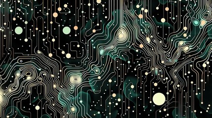 Poster - High-tech 2D digital art showcasing complex networked circuits with glowing white and aqua details, complemented by subtle depth and shadow effects, set against a matte black background