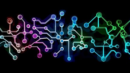 Aufkleber - Minimalistic 2D illustration of an electronic circuit board with interconnected glowing nodes in a vibrant neon palette of blue, green, and purple, set against a sleek black backdrop