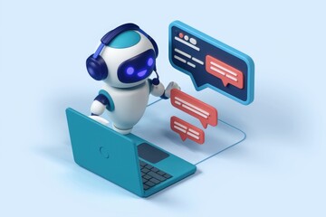 Poster - A friendly robot provides customer support using a laptop and chat bubbles.