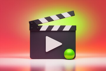 Aufkleber - A 3D render of a clapperboard with a play button and a green sphere  symbolizing video production.