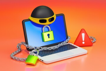 Poster - Laptop secured with a chain and padlock  warning sign indicates potential cyber threats.