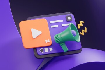 Poster - 3D rendering of video promotion; a media player with a megaphone amplifying its reach.